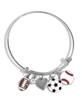 Silver Sports Charm Bangle Bracelet with Football, Soccer & Baseball Charms